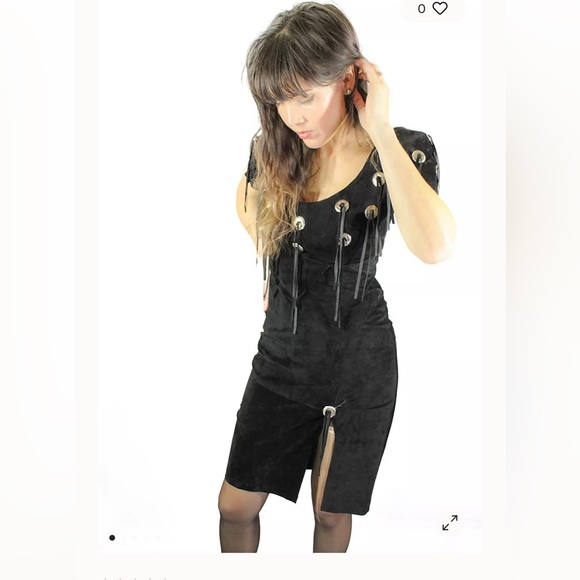 Western Fringe Concho Black Suede Dress 9/10 *VINTAGE* - Picture 3 of 15